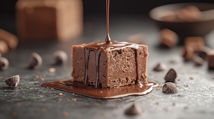 Obraz premium Chocolate sauce drips over a square brownie on a dark, textured surface