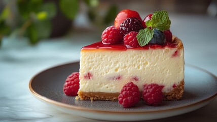 Cheesecake with a creative background enhancing its visual appeal and context.