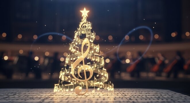 A glowing christmas tree made of golden musical notes and treble clefs, with bokeh lights