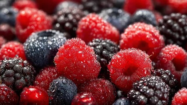 Berry Bliss: A vibrant cluster of mixed berries, featuring plump raspberries, juicy blueberries, and glistening blackberries, forming a mouthwatering still life.
