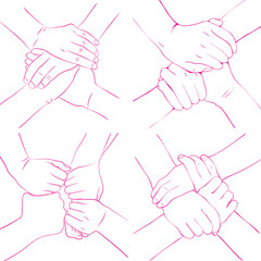 Abstract line art illustration of four hands clasped together in unity and Continuous line drawing