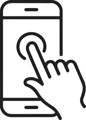 Simple line art icon of a finger touching a smartphone screen for interaction
