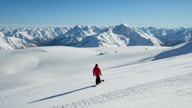 Snowboarder enjoying a vast snowy mountain landscape on a sunny day