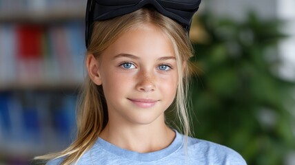 Young girl with blonde hair and blue eyes wearing virtual reality headset smiling