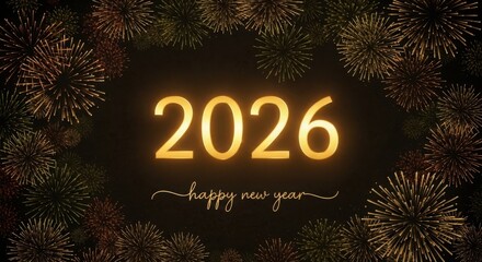Bright golden 2026 year celebration with festive fireworks and sparkle effects