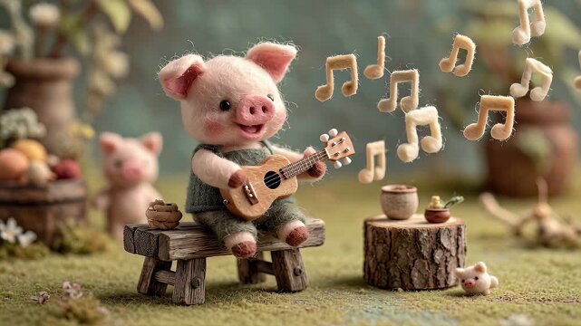 Animated pig playing guitar amidst musical notes in nature scene
