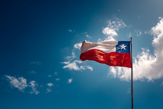 Chilean flag waving proudly against a vibrant blue sky with scattered clouds on a sunny day