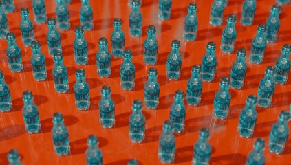 Obraz premium Mysterious Bottles: A mesmerizing overhead perspective of numerous translucent bottles in perfect alignment on a radiant orange backdrop, creating an intriguing visual narrative.