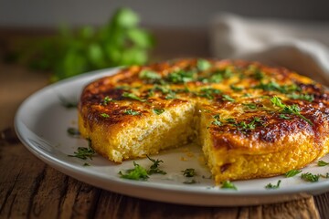 Delicious Spanish omelette with herbs on a white plate, served on a wooden table.