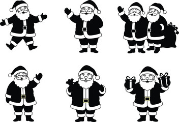 Santa Claus cartoon, festive Christmas character, holiday vector illustration, gift-carrying Santa, cheerful poses, seasonal clipart, red suit icon, joyful celebration, winter holiday graphic