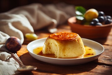 Delicious Creme Caramel Dessert with Fruits on a Wooden Table in Warm Light