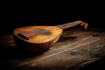 Antique lute on a wooden surface, showcasing its intricate details and warm, aged texture in a dark setting.