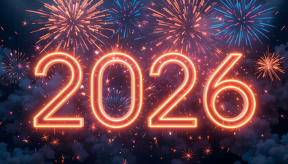 Glowing 2026 numbers against a dark sky with fireworks year celebration