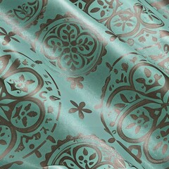 :
Luxurious turquoise fabric with ornate damask pattern featuring metallic bronze circular medallions and floral motifs in elegant baroque style