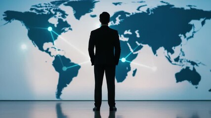Businessman Silhouette Analyzing Global Map Projection in a Modern Office Environment with Innovative Technology Background 4k video footage