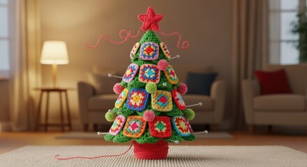 A handmade crochet christmas tree with colorful granny squares and a red star on top, displayed indoors