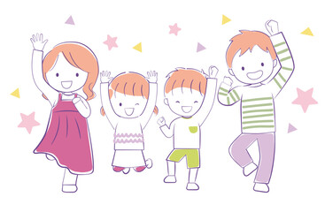 大喜びでジャンプして喜んでいる子供2人と両親　4人家族