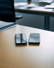 Two modern smartphones resting on a clean light colored office desk