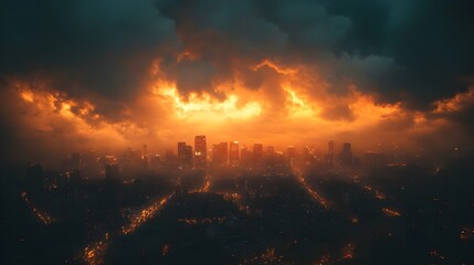 Naklejka premium Cityscape under dramatic sunset with fiery clouds