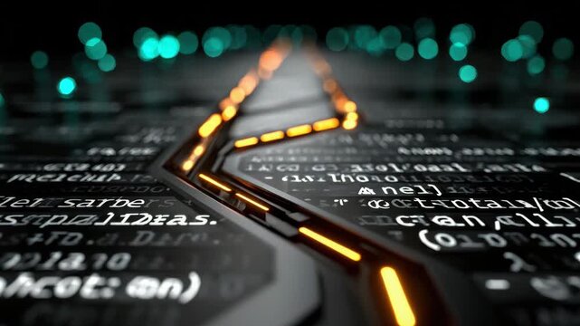 Abstract Dark Circuit Board with Glowing Orange Traces and Blurred Green Light