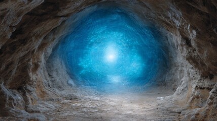 Cave entrance opening to a glowing blue portal with concentric rings and light bursts