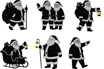 Santa Claus illustrations, festive Christmas character, holiday sleigh and lantern poses, black and white vector, seasonal clipart, winter celebration, traditional icon, gift design