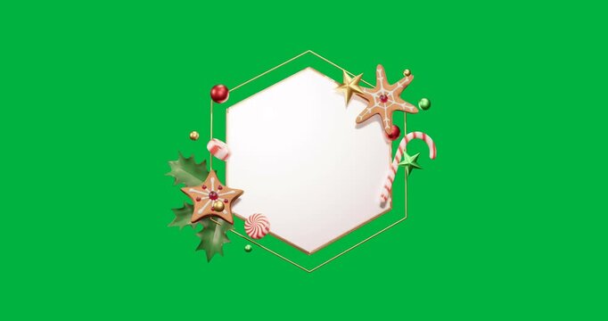 Animation of hexagon frame with copy space and christmas decoration on transparent background