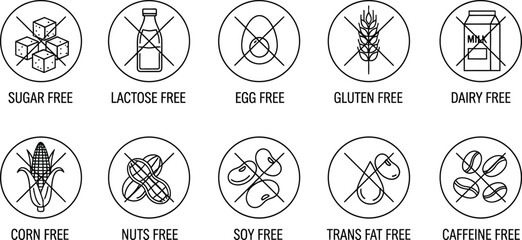 Allergen Warning Outline Icon Set with Sugar, Lactose, Gluten and Dairy Free