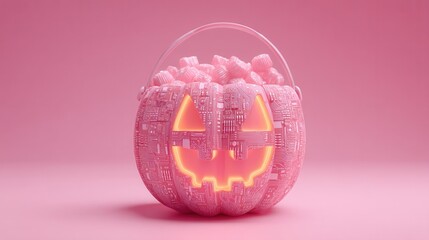 halloween technology concept. Halloween pumpkin basket with a digital design against a pink background.