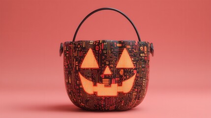 halloween technology concept. A basket with a circuit board design against a pink backdrop.
