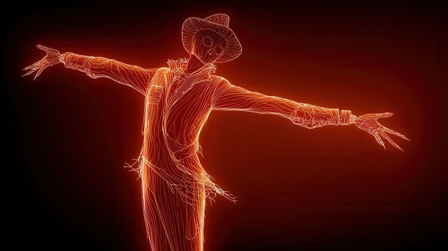 halloween technology concept. Neon outline figure with arms outstretched against a red background.