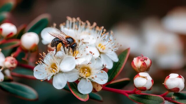 Focused medium shot of native flowering shrubs attracting bees and butterflies soft outoffocus backdrop emphasizing pollinatorfriendly landscape.