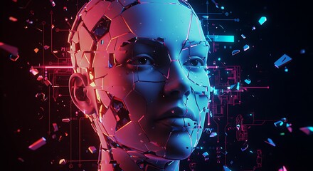 A futuristic android's face shatters into fragments, illuminated by dramatic red and blue neon lights.