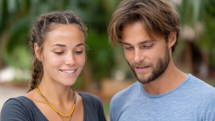 Fototapeta premium Young couple looking at a device outdoors with green foliage in the background