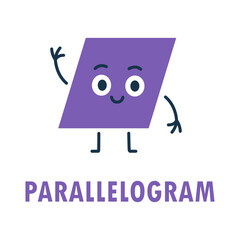 Purple cartoon parallelogram with face, arms and legs. Cute geometric character illustration for math, posters and preschool