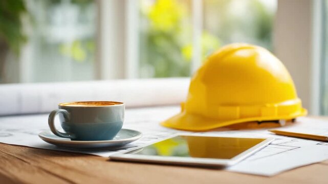 Engineering Blueprint and a Warm Break: A cup of coffee, a yellow safety helmet, blueprints, and a tablet computer rest on a wooden table with a backdrop of a scenic window.
