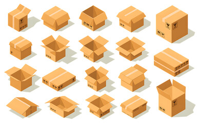 Fototapeta premium Isometric collection of cardboard boxes displayed in various open and closed states