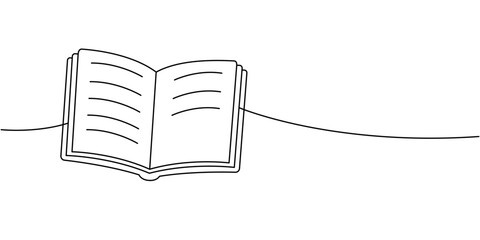 Minimalist contour drawing of an open book with text lines. Clean monochrome style for reading and education themes