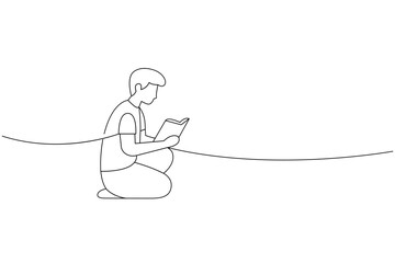 Boy kneeling and reading book. Linear continuous line drawing