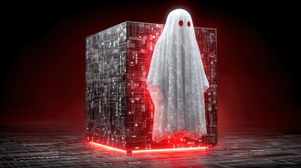 halloween technology concept. Mysterious ghost emerging from a glowing digital cube.