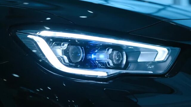 Sleek Modern Car Headlight Illuminates with Dynamic Blue Xenon and White LED Technology in Extreme Close-Up