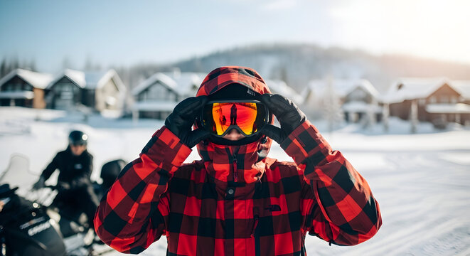 Winter Adventure Awaits Active Lifestyle in Snowy Mountains Red Jacket Gear Up for Thrilling Snowmobile Ride Amidst Picturesque Winter Scenery Snow Fun Ahead