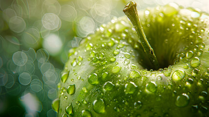 Fresh green apples covered with shining water drops under morning sunlight