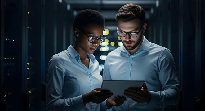 Data Center Collaboration Diverse Team Inspecting Server Room Infrastructure Using Tablet Two Engineers Securing Network Solutions in Modern Technology Facility Analytics