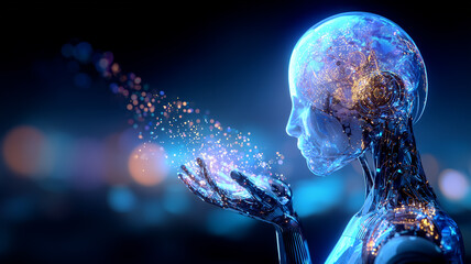 A humanoid robot releasing particles of data representing creative intelligence and knowledge transfer, illustrating machine learning inspiration and human centered technology.
