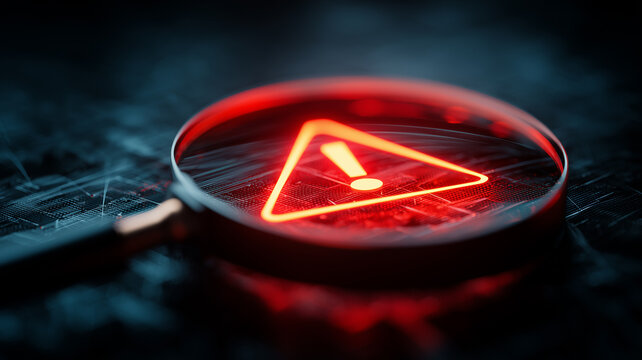 Magnifying glass highlighting an alert symbol to depict risk discovery incident analysis and rapid prioritization of critical vulnerabilities
