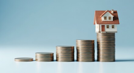 Conceptual representation of rising housing prices and property investment growth, illustrated by a model house atop ascending stacks of coins against a clean background