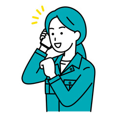 スマートフォンでの通話で喜ぶ作業員の女性