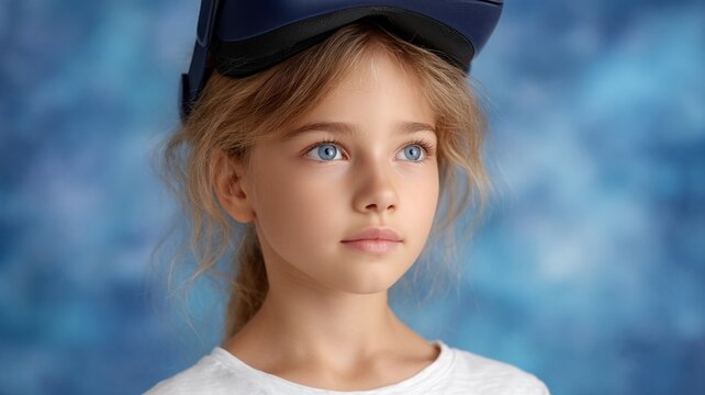 Young Caucasian girl with blue eyes wearing a virtual reality headset looking into distance