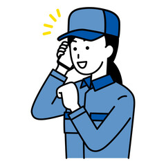 Obraz premium スマートフォンでの通話で喜ぶつなぎ作業服の女性